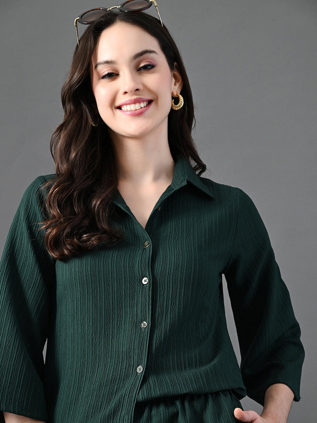 Myshka Women's Green Pleated Co-Ord Set | Grocsy