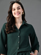 Myshka Women's Green Pleated Co-Ord Set | Grocsy