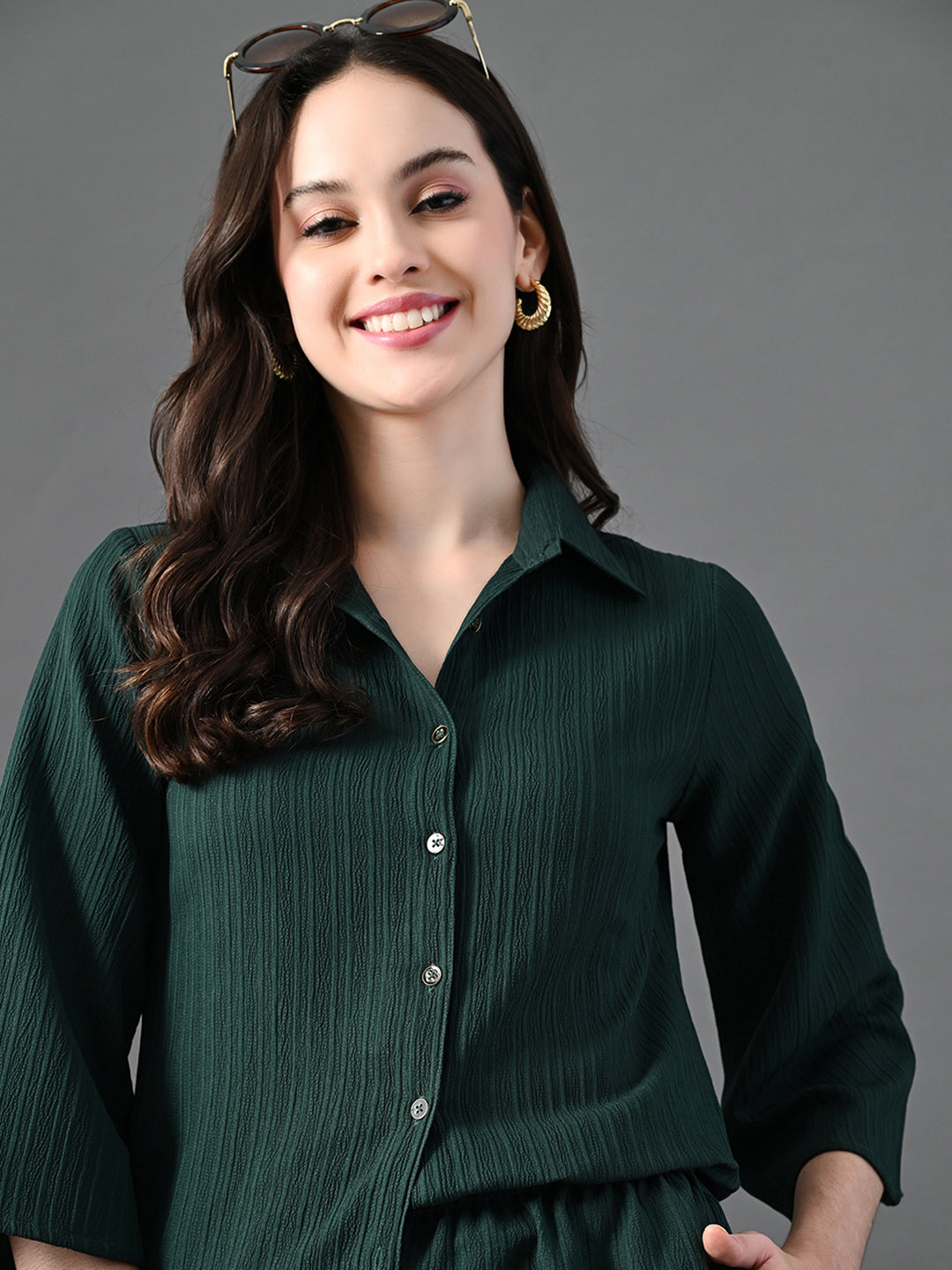 Myshka Women's Green Pleated Co-Ord Set | Grocsy
