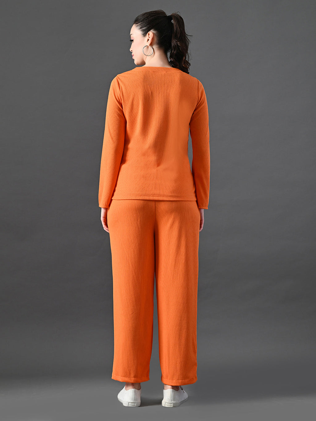 Myshka Women's Vibrant Orange Ribbed Cord Set | Grocsy