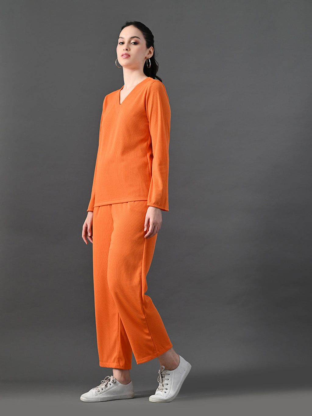 Myshka Women's Vibrant Orange Ribbed Cord Set | Grocsy