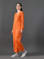 Myshka Women's Vibrant Orange Ribbed Cord Set | Grocsy