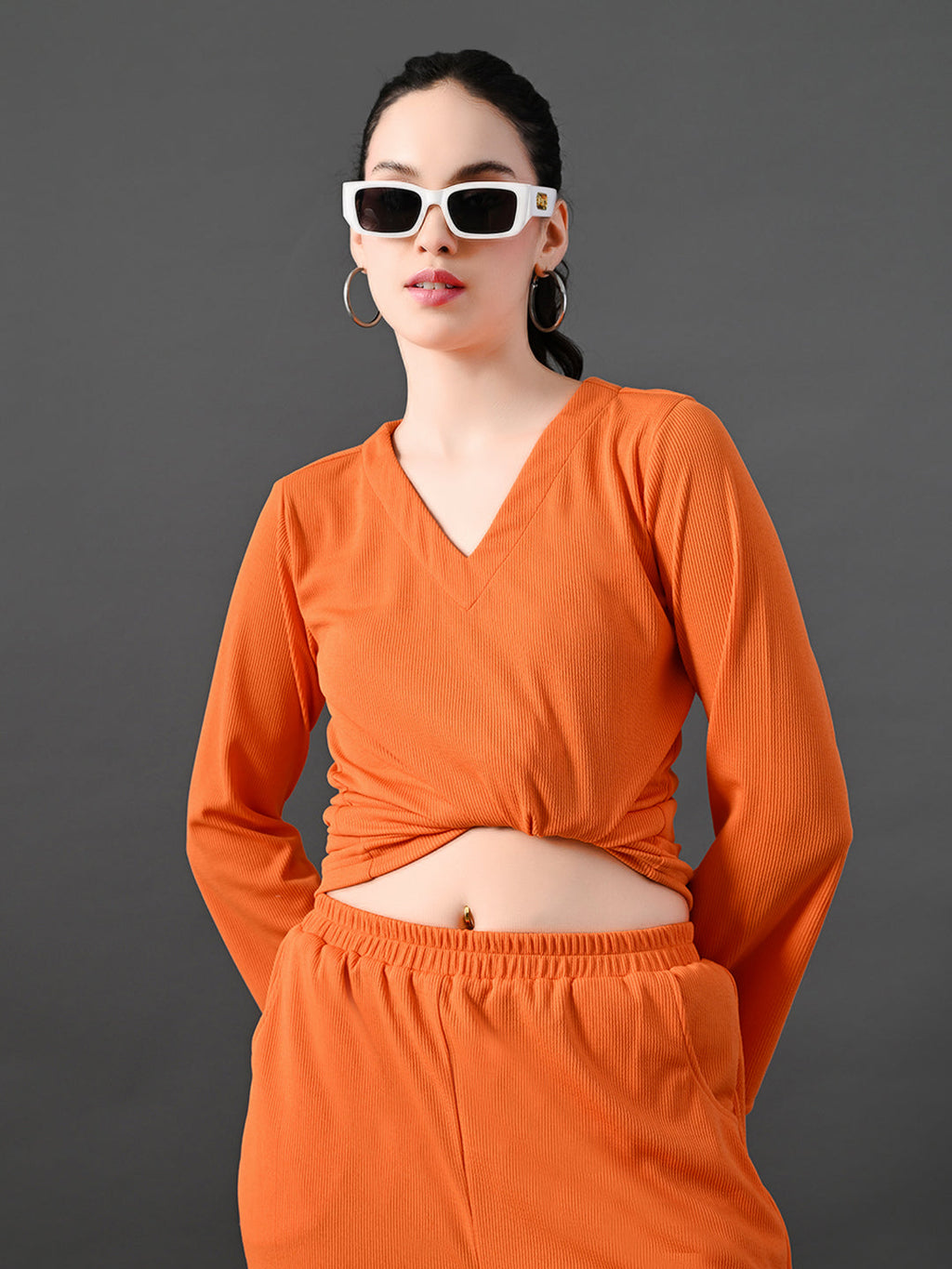 Myshka Women's Vibrant Orange Ribbed Cord Set | Grocsy