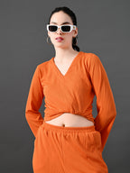Myshka Women's Vibrant Orange Ribbed Cord Set | Grocsy