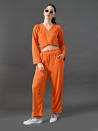 Myshka Women's Vibrant Orange Ribbed Cord Set | Grocsy