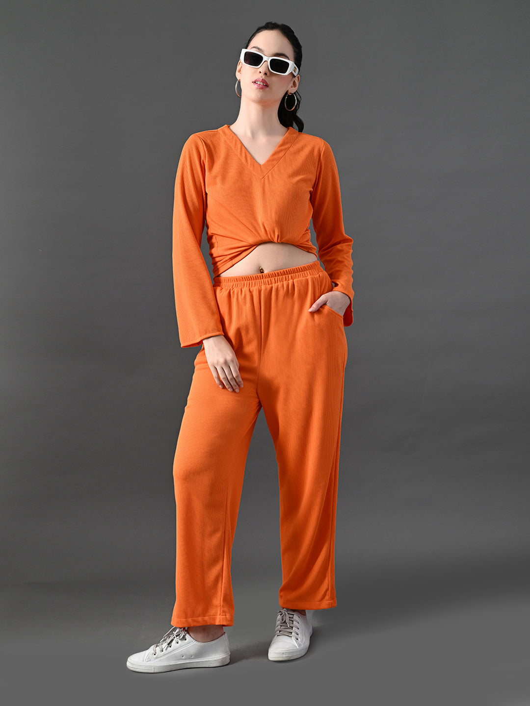 Myshka Women's Vibrant Orange Ribbed Cord Set | Grocsy