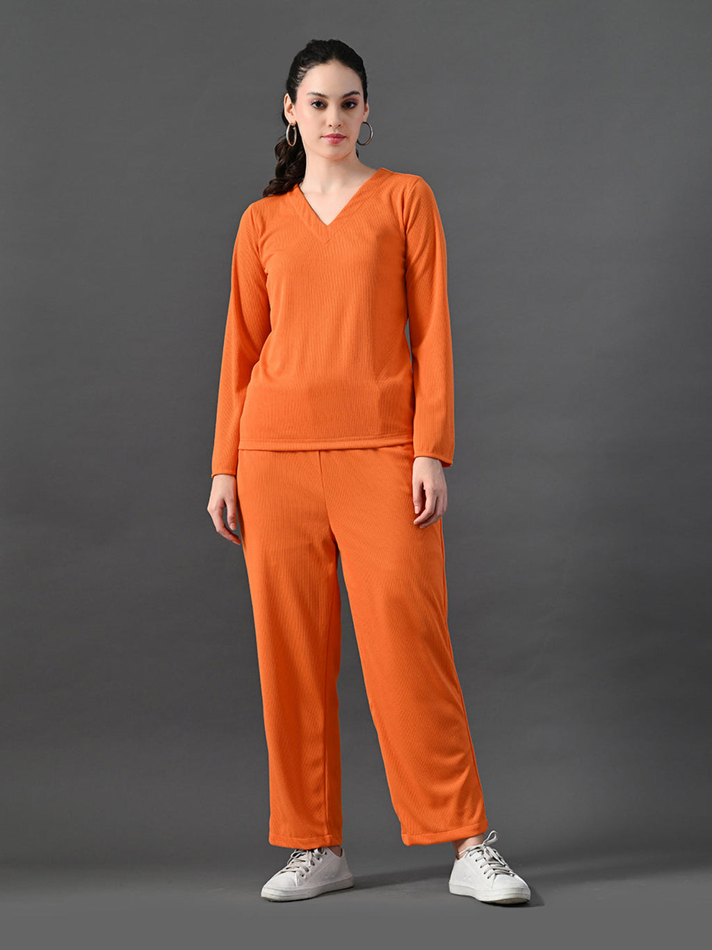 Myshka Women's Vibrant Orange Ribbed Cord Set | Grocsy
