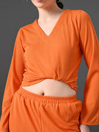 Myshka Women's Vibrant Orange Ribbed Cord Set | Grocsy