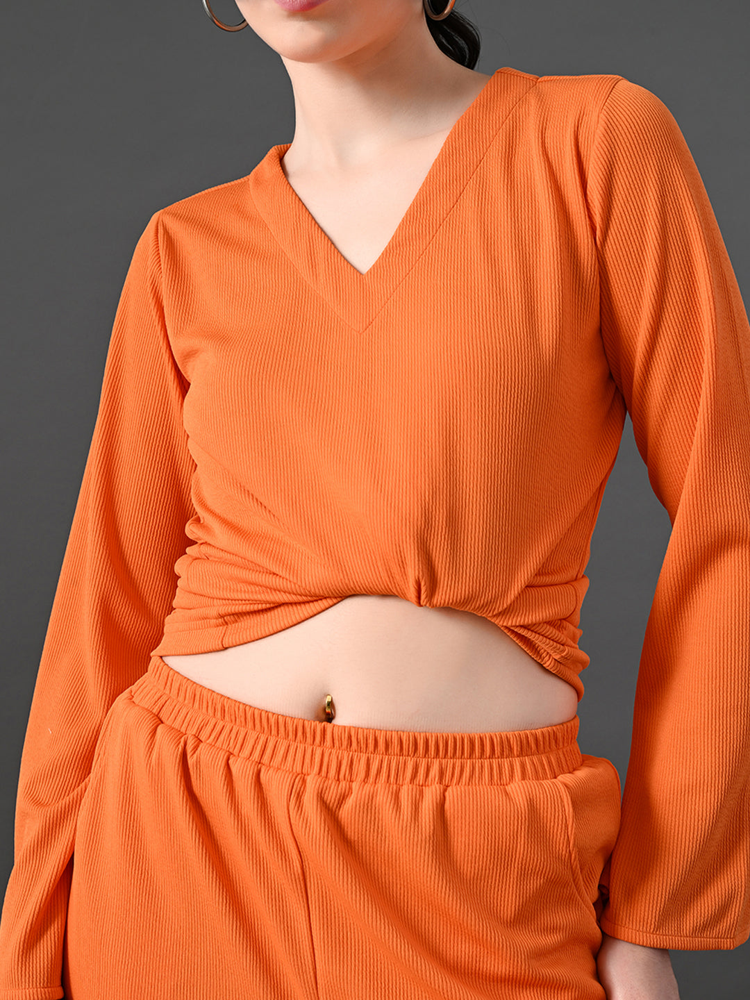 Myshka Women's Vibrant Orange Ribbed Cord Set | Grocsy