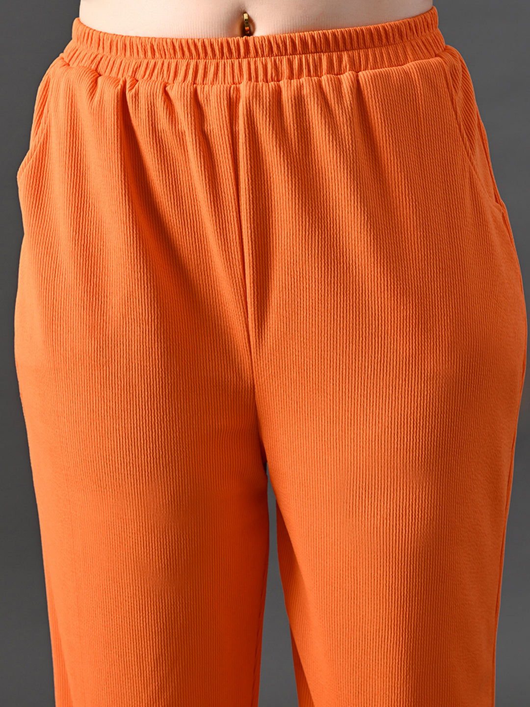Myshka Women's Vibrant Orange Ribbed Cord Set | Grocsy