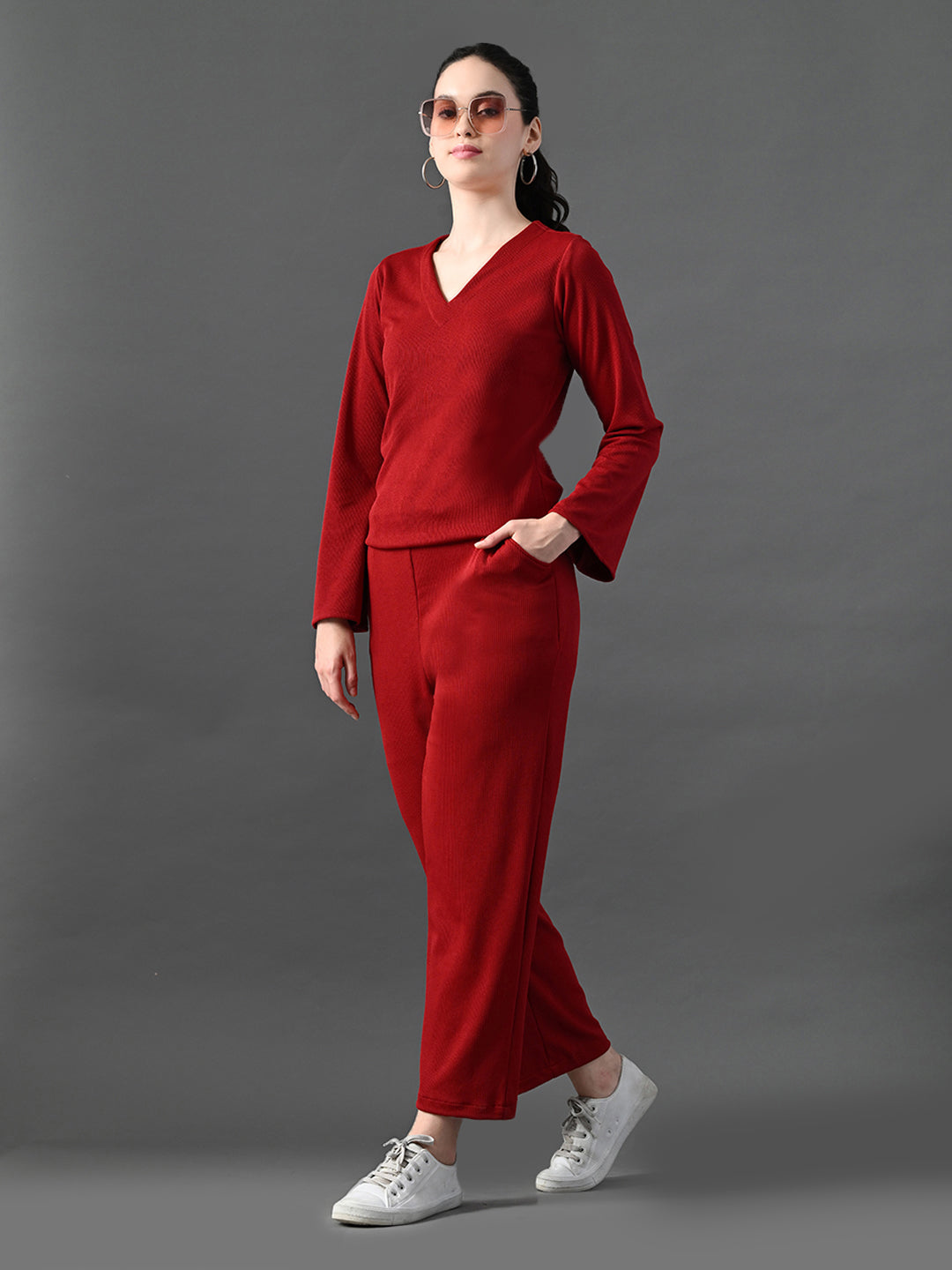 Myshka Women's Red Ribbed Cord Set | Grocsy