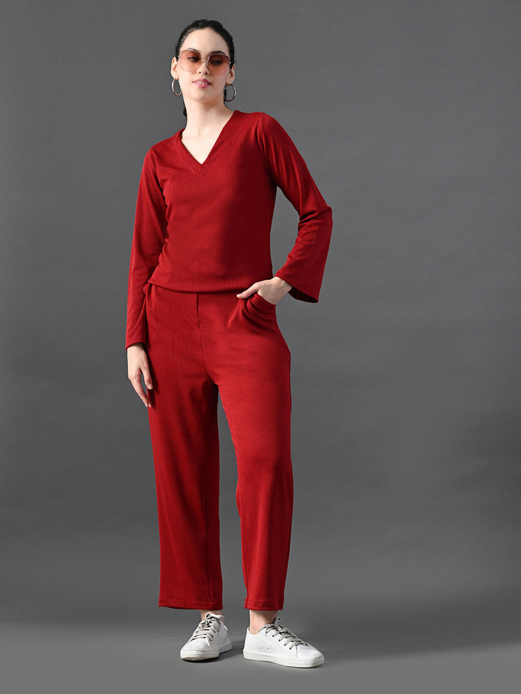 Myshka Women's Red Ribbed Cord Set | Grocsy