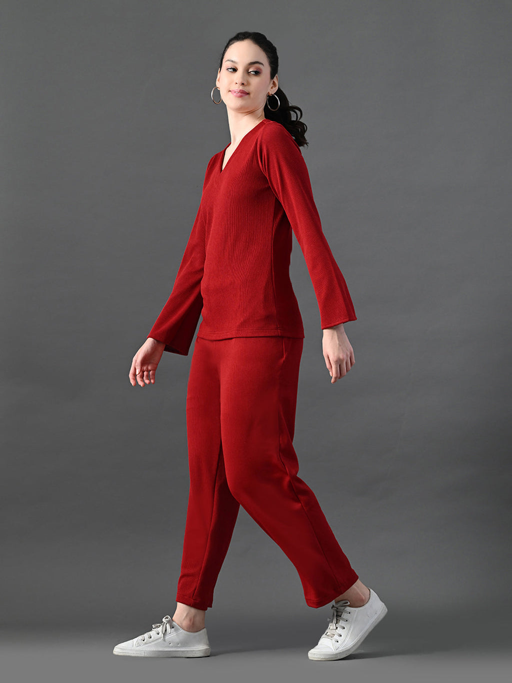 Myshka Women's Red Ribbed Cord Set | Grocsy