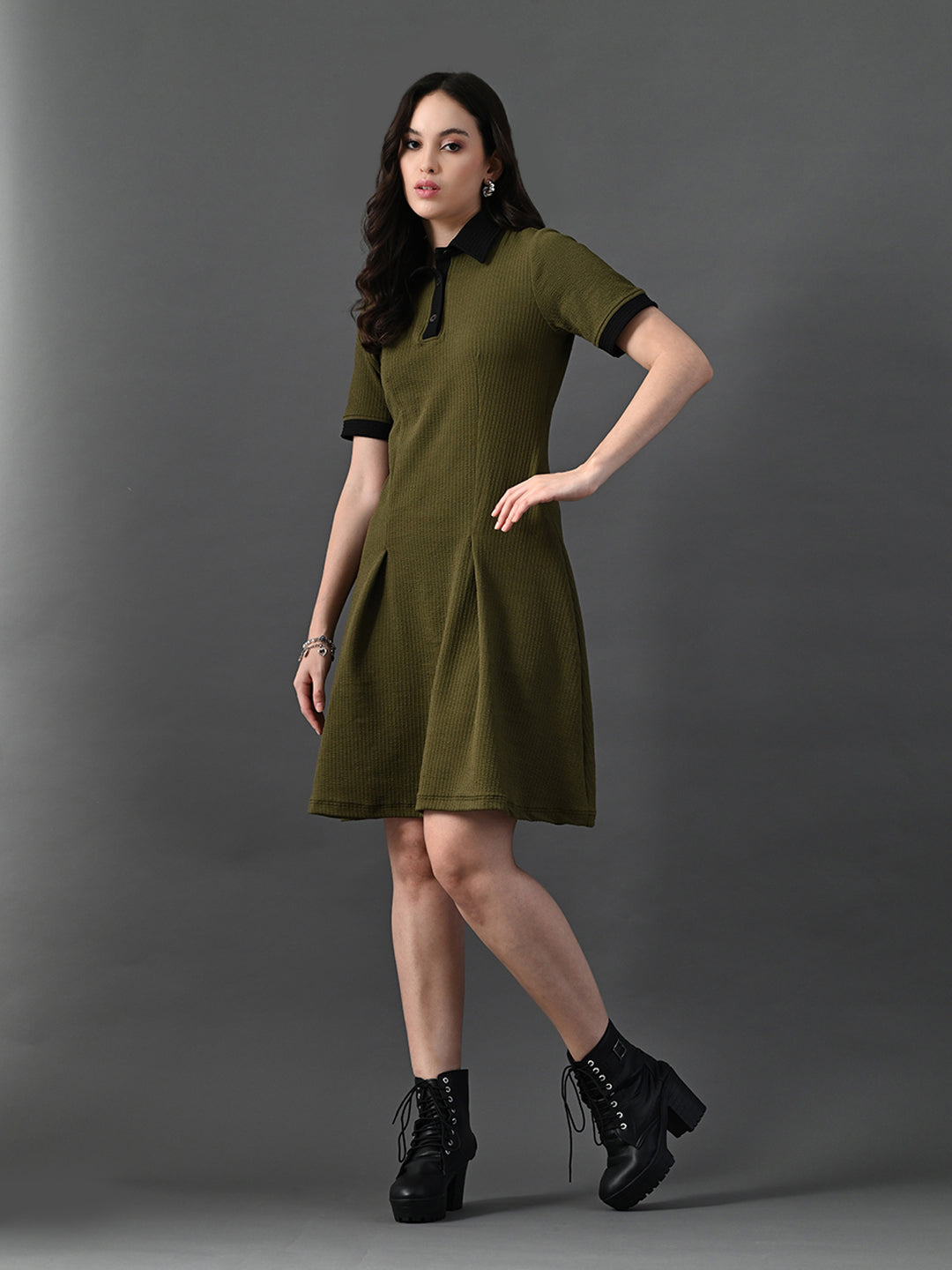 Myshka Women's Olive Collared Dress | Grocsy