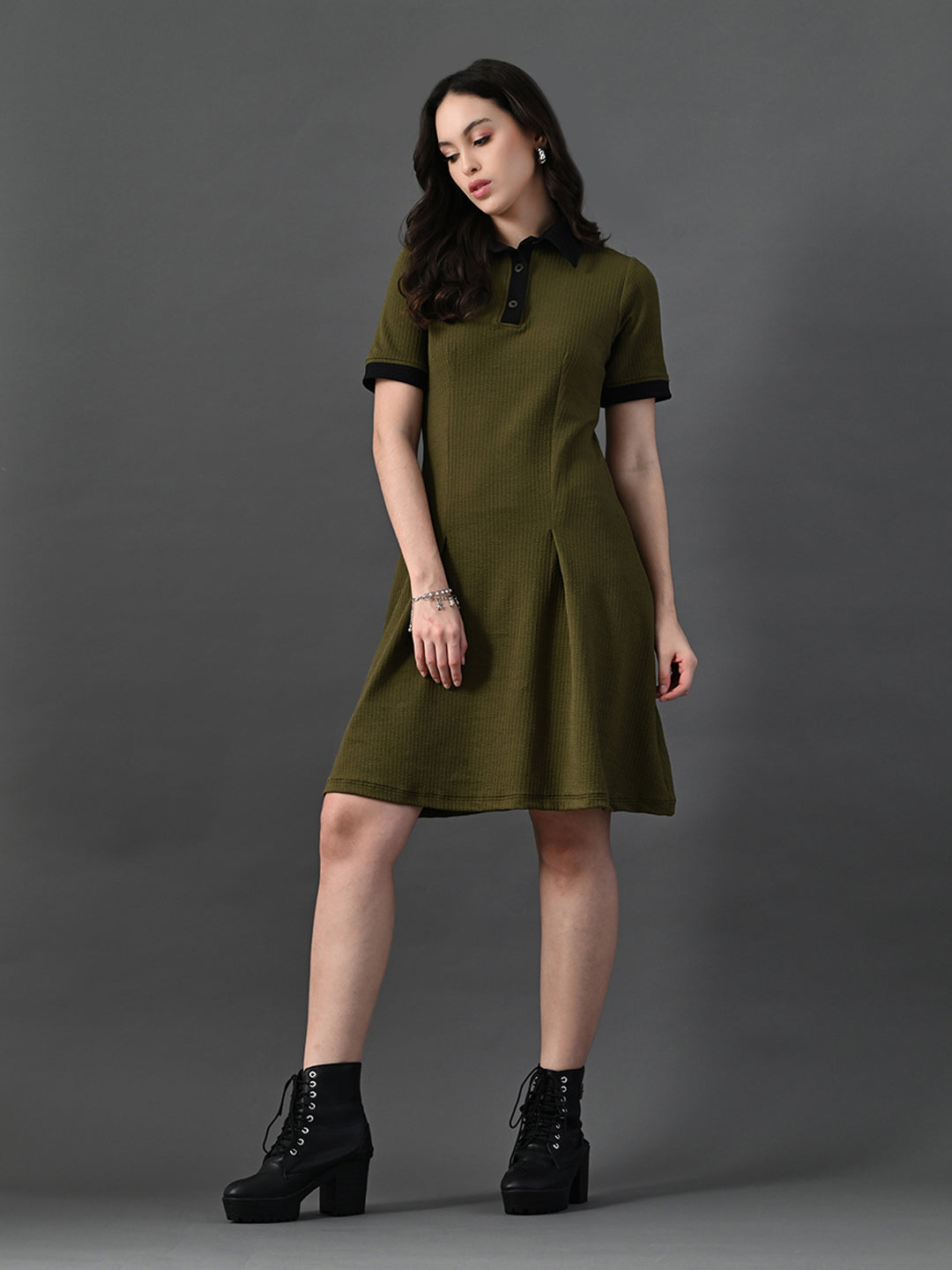 Myshka Women's Olive Collared Dress | Grocsy