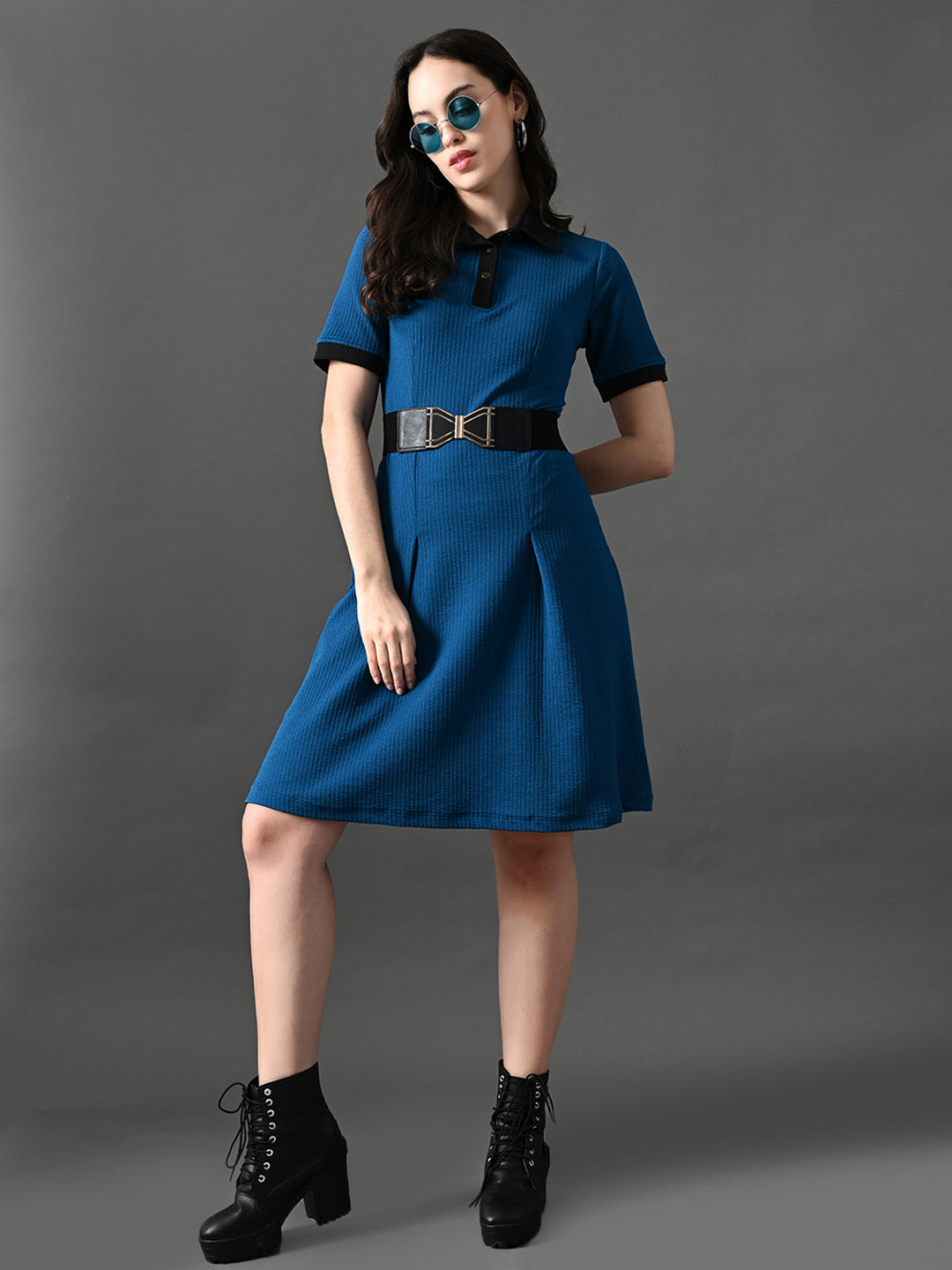 Myshka Women's Blue Collared Dress | Grocsy