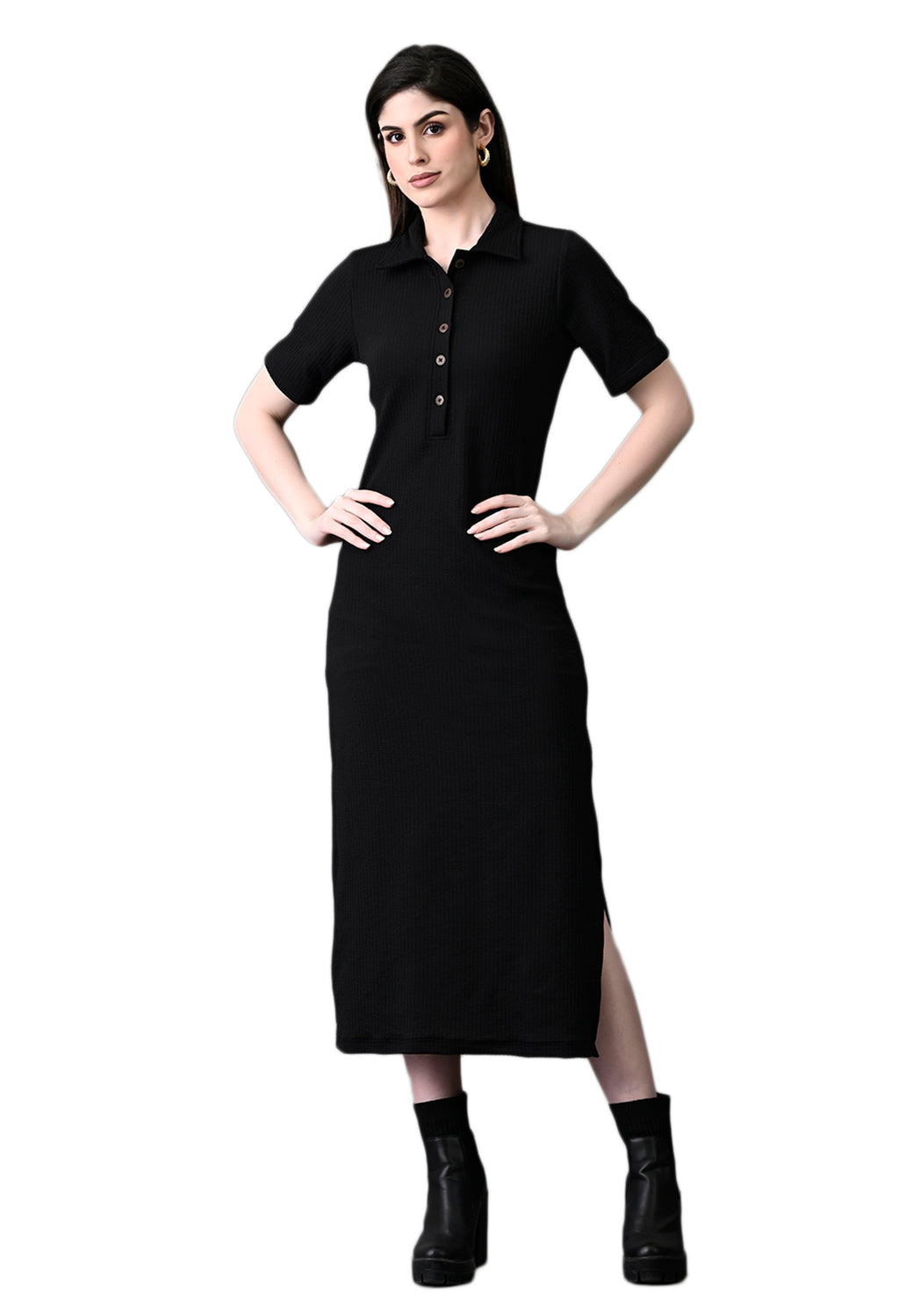 Myshka Women's Elegant Black Midi Dress With Collared Neckline | Grocsy