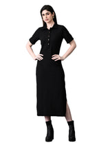 Myshka Women's Elegant Black Midi Dress With Collared Neckline | Grocsy