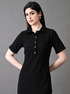 Myshka Women's Elegant Black Midi Dress With Collared Neckline | Grocsy