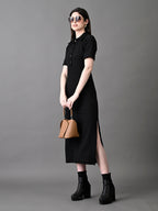 Myshka Women's Elegant Black Midi Dress With Collared Neckline | Grocsy