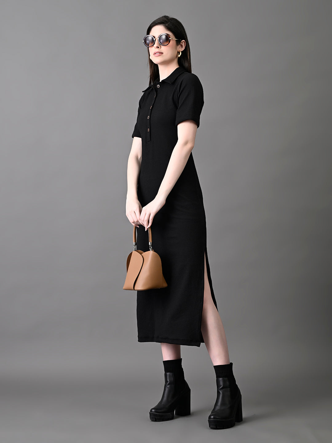 Myshka Women's Elegant Black Midi Dress With Collared Neckline | Grocsy