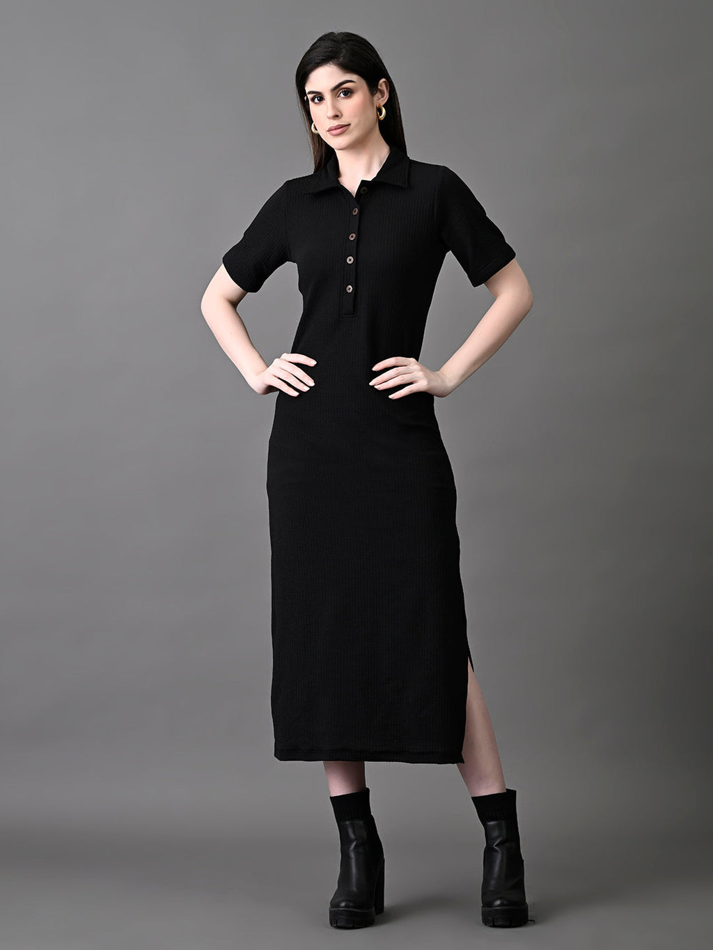 Myshka Women's Elegant Black Midi Dress With Collared Neckline | Grocsy
