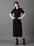 Myshka Women's Elegant Black Midi Dress With Collared Neckline | Grocsy