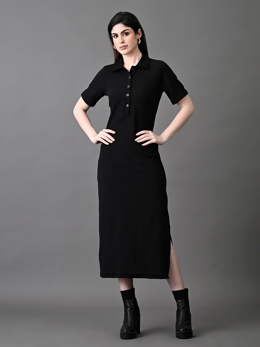 Myshka Women's Elegant Black Midi Dress With Collared Neckline | Grocsy