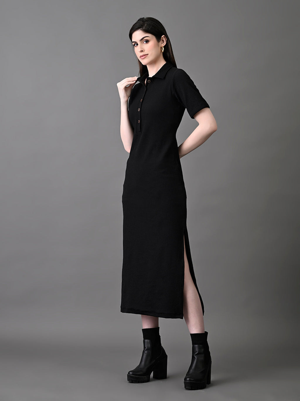 Myshka Women's Elegant Black Midi Dress With Collared Neckline | Grocsy