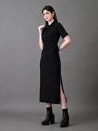 Myshka Women's Elegant Black Midi Dress With Collared Neckline | Grocsy
