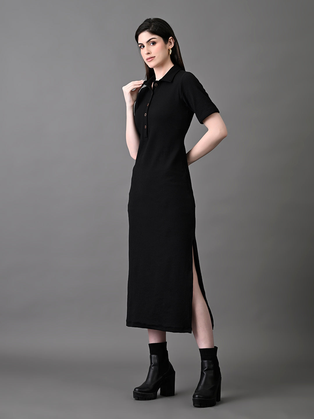 Myshka Women's Elegant Black Midi Dress With Collared Neckline | Grocsy