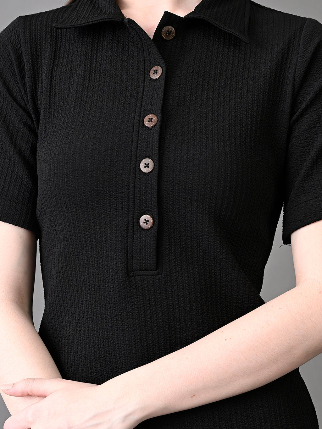 Myshka Women's Elegant Black Midi Dress With Collared Neckline | Grocsy