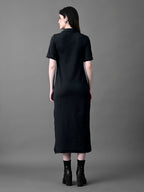 Myshka Women's Elegant Black Midi Dress With Collared Neckline | Grocsy