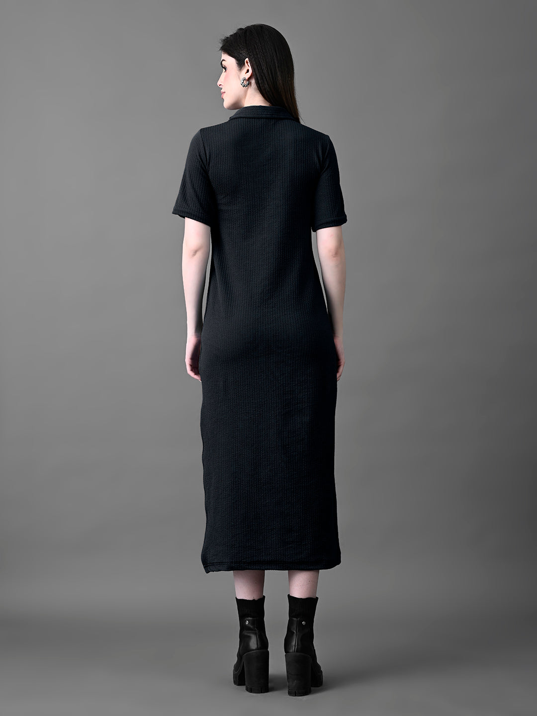 Myshka Women's Elegant Black Midi Dress With Collared Neckline | Grocsy