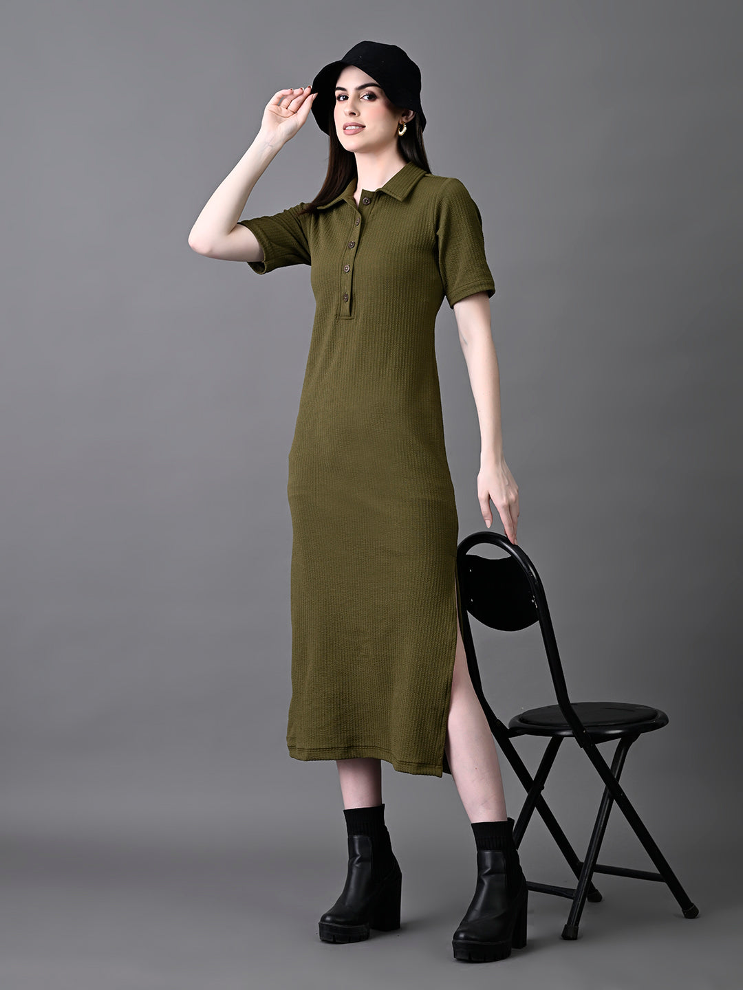 Myshka Women's Elegant Olive Midi Dress With Collared Neckline | Grocsy