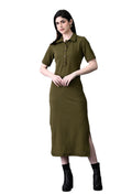 Myshka Women's Elegant Olive Midi Dress With Collared Neckline | Grocsy