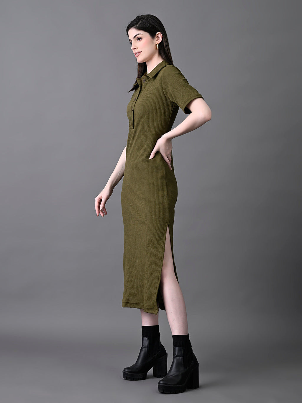 Myshka Women's Elegant Olive Midi Dress With Collared Neckline | Grocsy