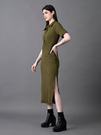 Myshka Women's Elegant Olive Midi Dress With Collared Neckline | Grocsy