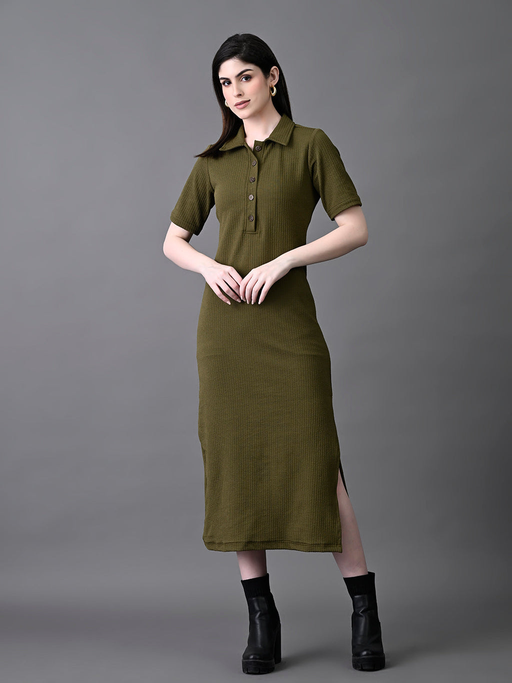 Myshka Women's Elegant Olive Midi Dress With Collared Neckline | Grocsy