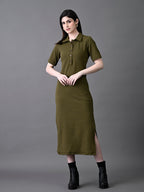 Myshka Women's Elegant Olive Midi Dress With Collared Neckline | Grocsy