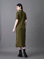 Myshka Women's Elegant Olive Midi Dress With Collared Neckline | Grocsy