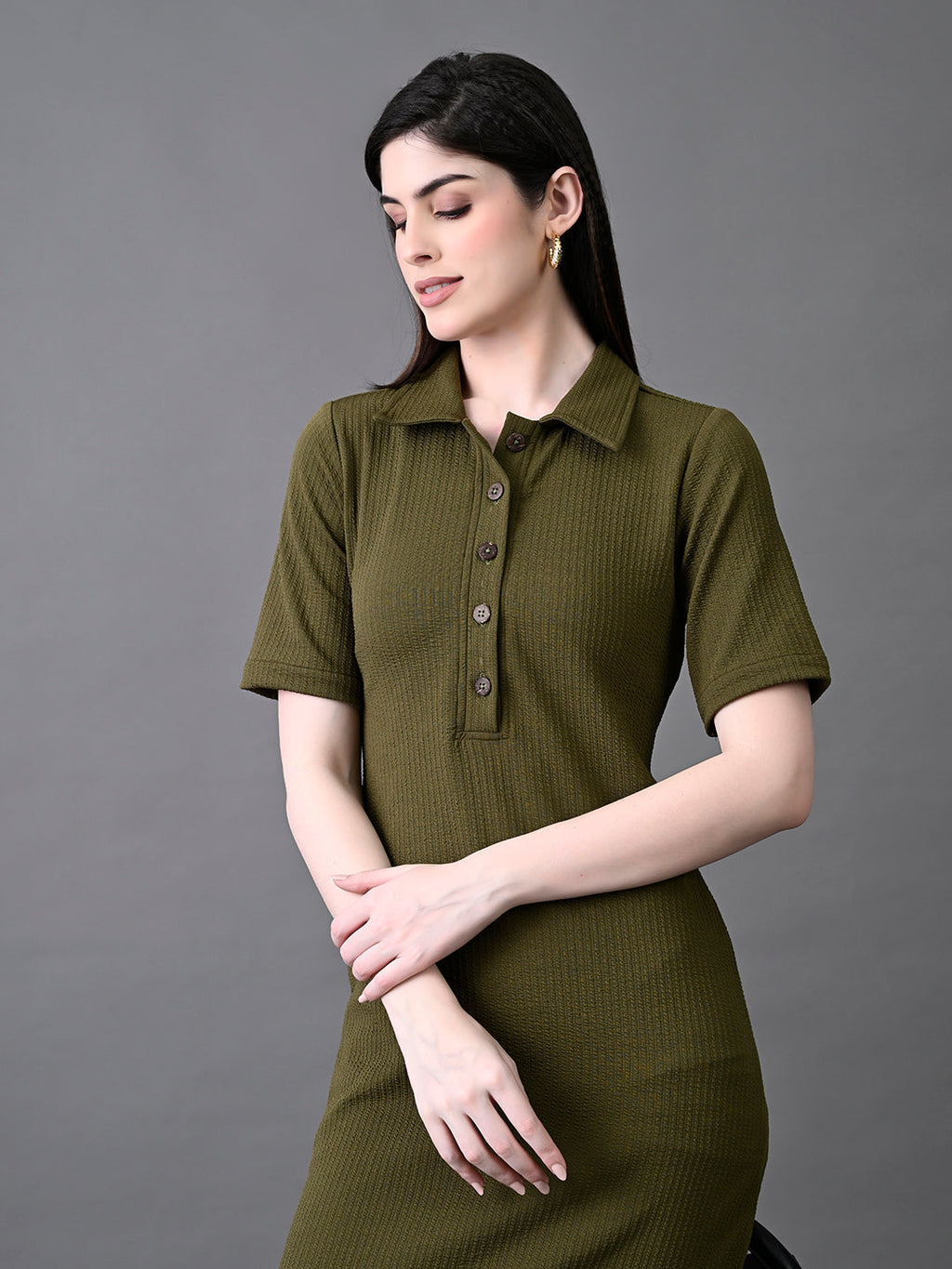 Myshka Women's Elegant Olive Midi Dress With Collared Neckline | Grocsy