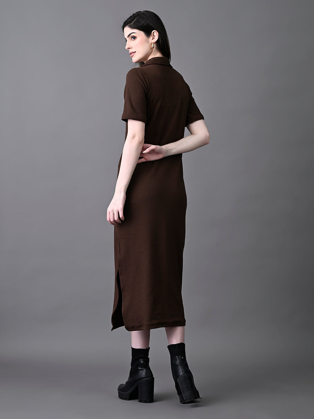 Myshka Women's Elegant Coffe Midi Dress With Collared Neckline | Grocsy