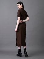 Myshka Women's Elegant Coffe Midi Dress With Collared Neckline | Grocsy