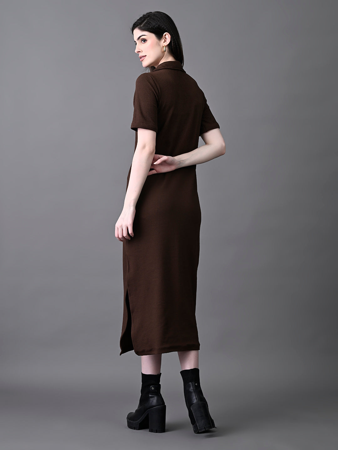 Myshka Women's Elegant Coffe Midi Dress With Collared Neckline | Grocsy