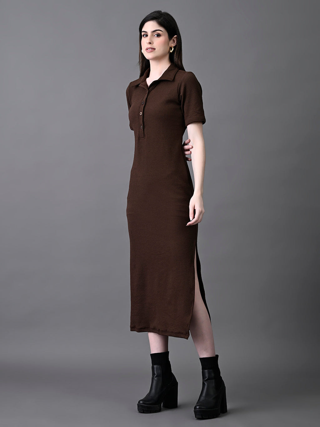 Myshka Women's Elegant Coffe Midi Dress With Collared Neckline | Grocsy