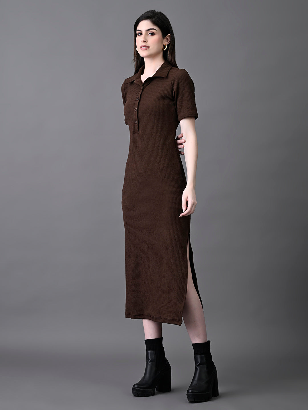 Myshka Women's Elegant Coffe Midi Dress With Collared Neckline | Grocsy