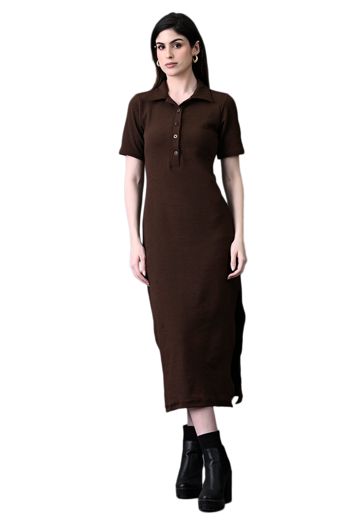 Myshka Women's Elegant Coffe Midi Dress With Collared Neckline | Grocsy