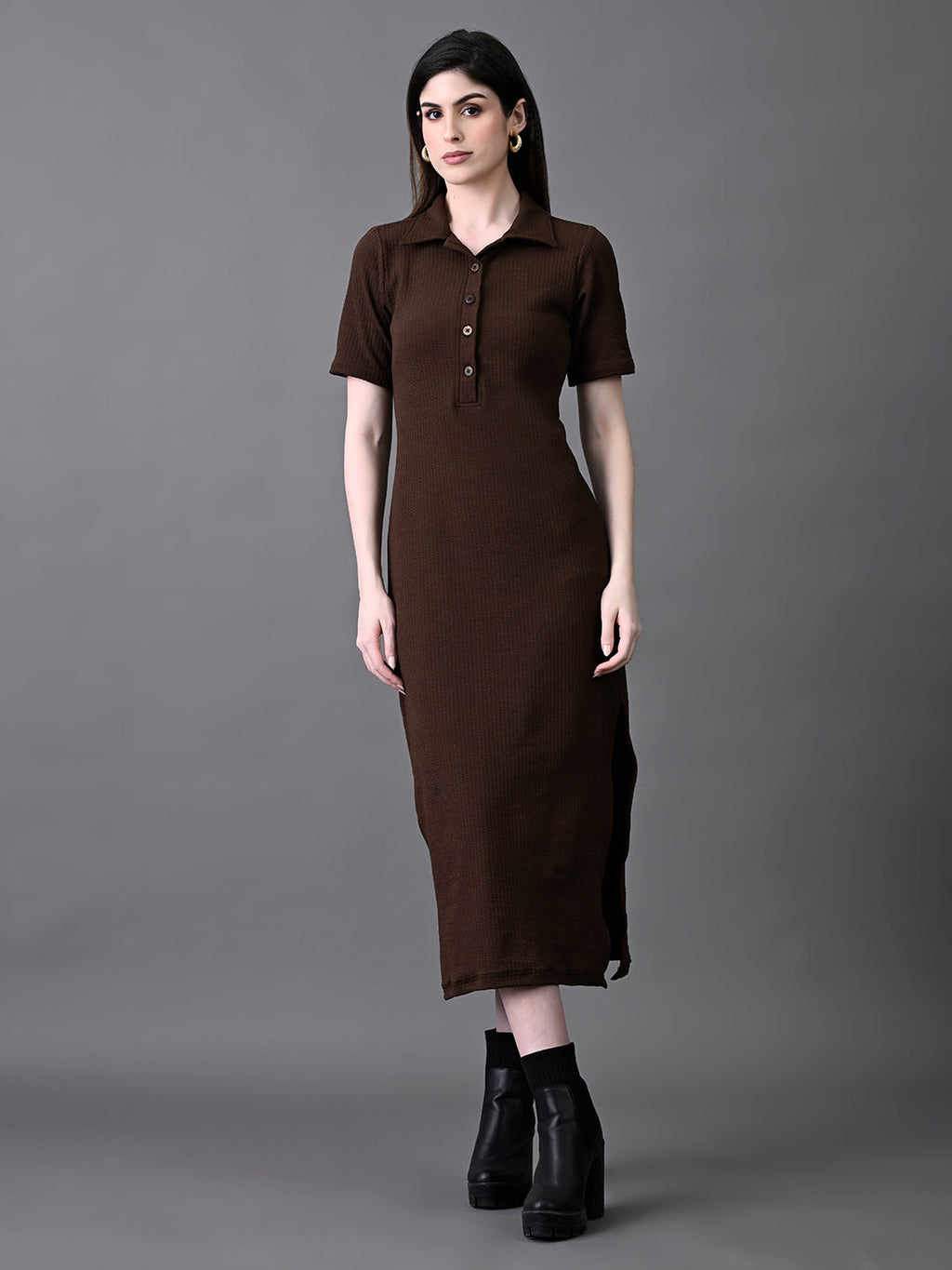 Myshka Women's Elegant Coffe Midi Dress With Collared Neckline | Grocsy