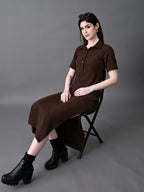 Myshka Women's Elegant Coffe Midi Dress With Collared Neckline | Grocsy